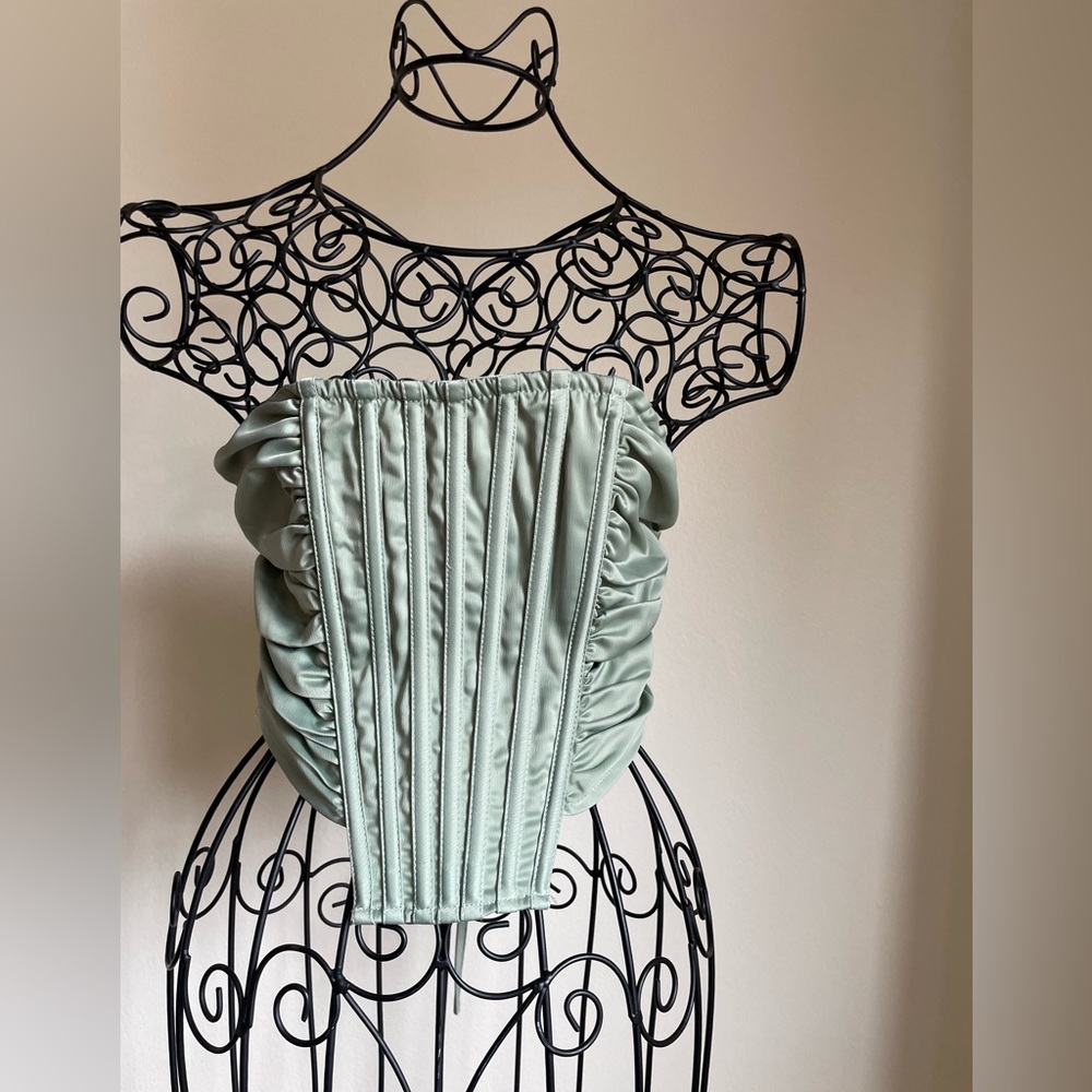 Strapless Corset top with lacing back in sage satin and silver tone details